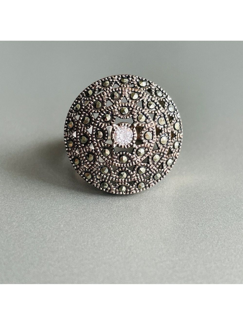 Vintage Judith Jack Sterling Silv Round Ring With Marcasites & Cubic Zir…